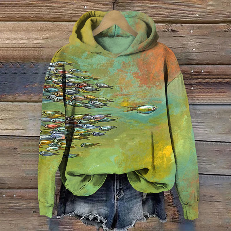 Oil Painting Fish Print Long Sleeve Hoodie - Green - 8XL - image 1