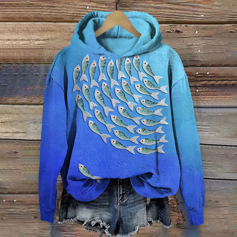 Oil Painting Fish Print Long Sleeve Hoodie - Blue - 8XL - image 1