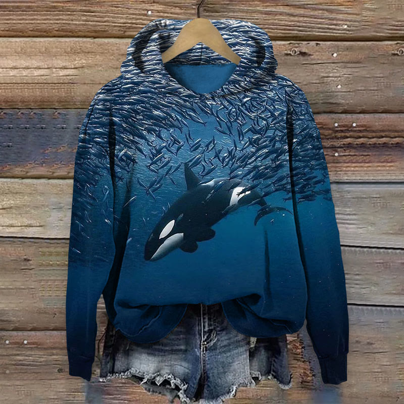 Orca And Herring Ball Art Print Long Sleeve Hoodie - Blue - 8XL - image 1