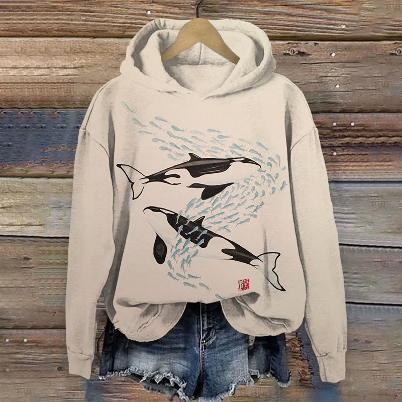 Sharks And Fish Art Print Long Sleeve Hoodie - Apricot - 8XL - image 1