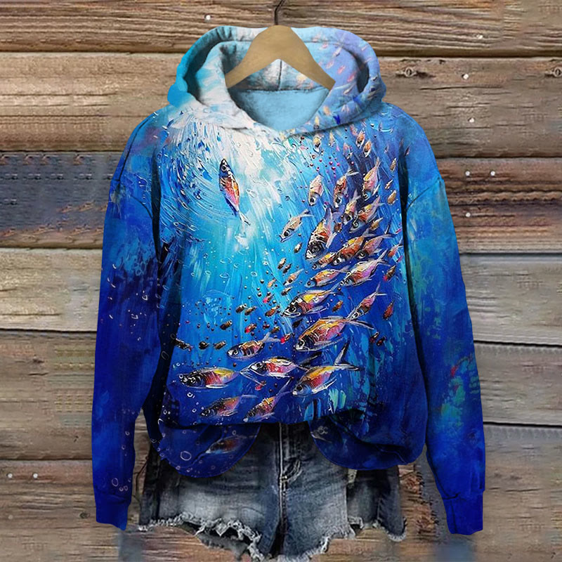 Oil Painting Of Fish Underwater Print Long Sleeve Hoodie - Blue - 8XL - image 1