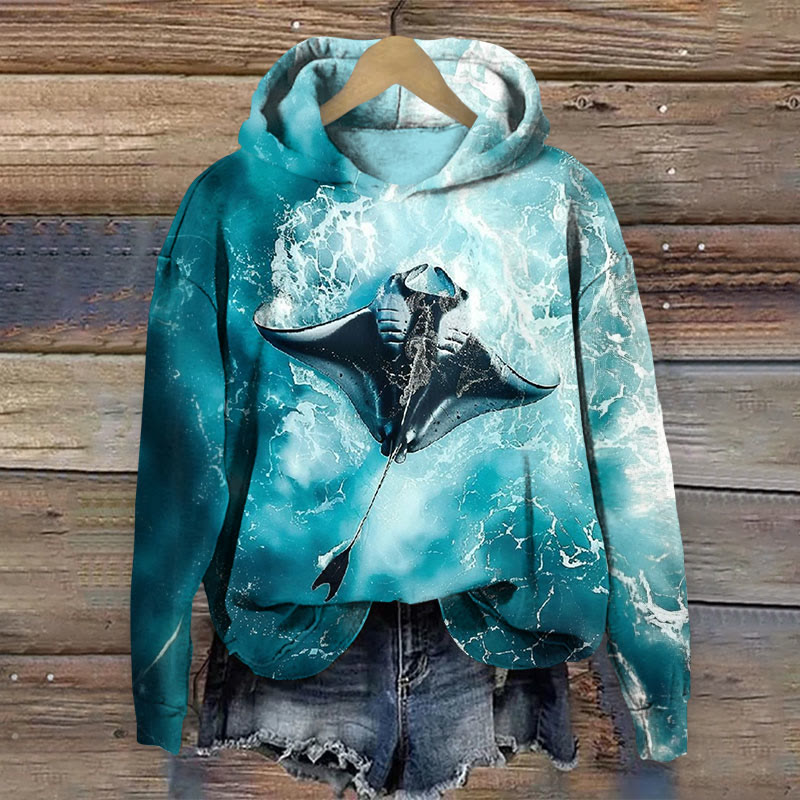 Ocean Manta Ray Art Print Long Sleeve Hoodie - Green - 8XL - image 1