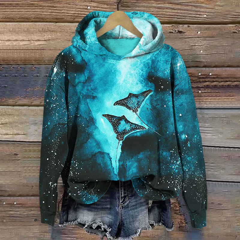 Ocean Abstract Manta Ray Print Long Sleeve Hoodie - Green - 8XL - image 1