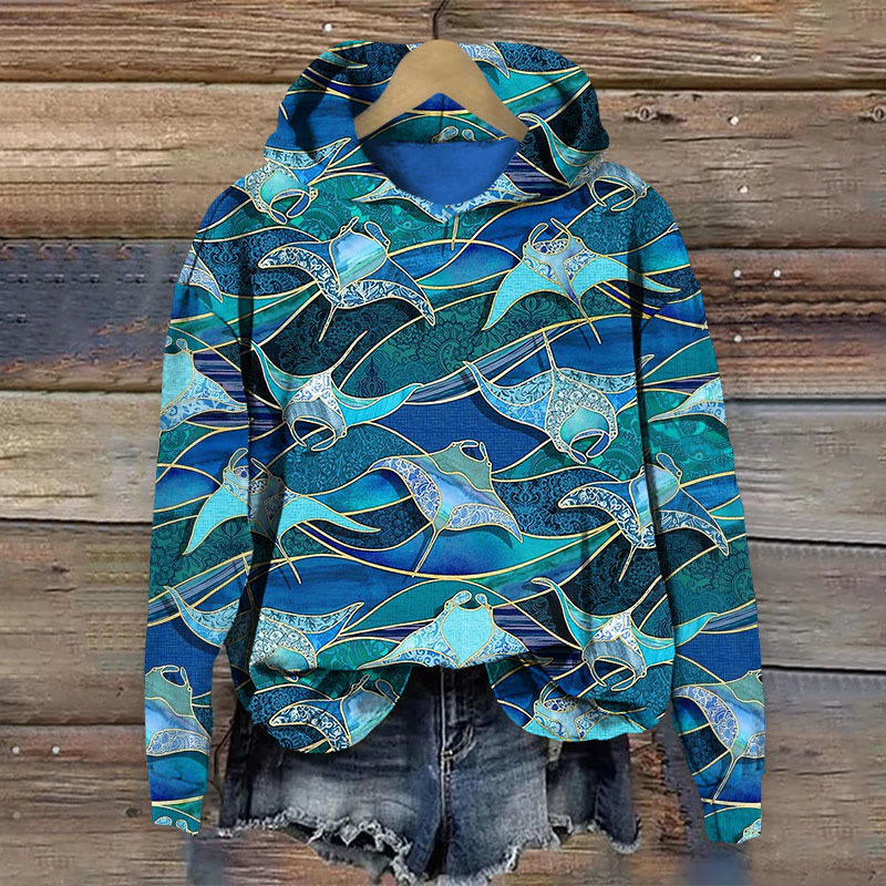 Manta Ray Art Print Long Sleeve Hoodie - Blue - 8XL - image 1