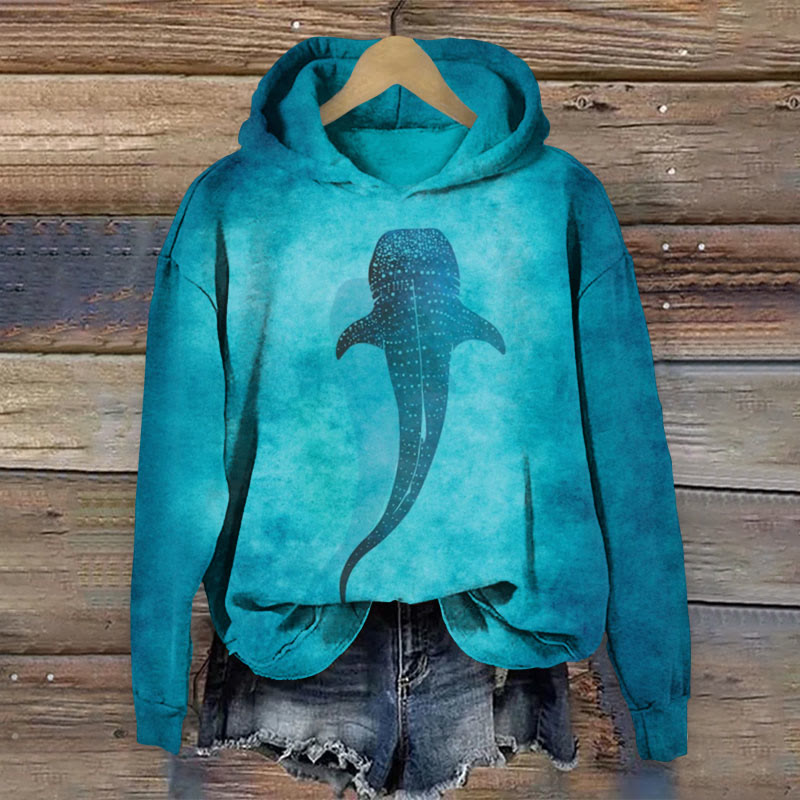 Ocean Whale Art Print Long Sleeve Hoodie - Lake Blue - 8XL - image 1