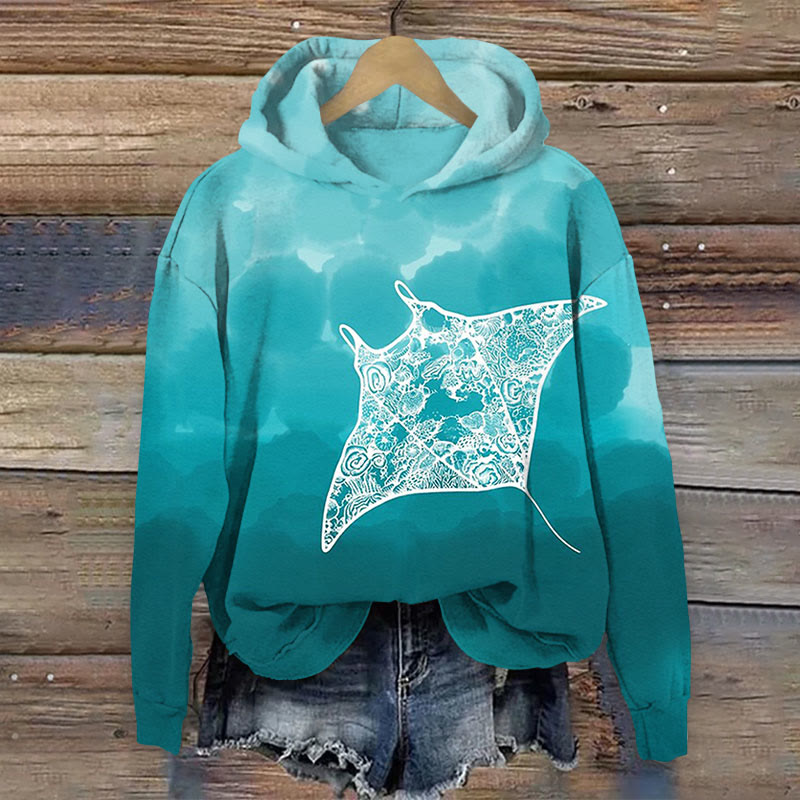 Casual Manta Ray Art Print Hoodie - Lake Blue - 8XL - image 1