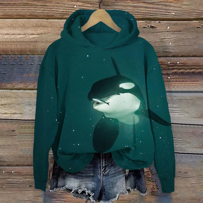 Deep Sea Killer Orca Print Hoodie - Dark Green - 8XL - image 1