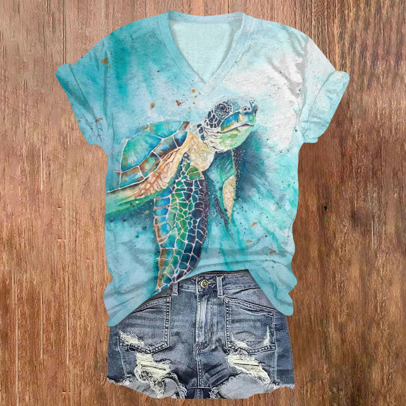 Watercolor Sea Turtle Print T-shirt - Green - 5XL - image 1