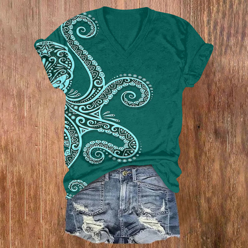Ethnic Style Totem Octopus Print T-shirt - Green - 5XL - image 1