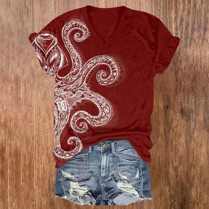 Ethnic Creative Octopus Print T-shirt - Red - 5XL - image 1
