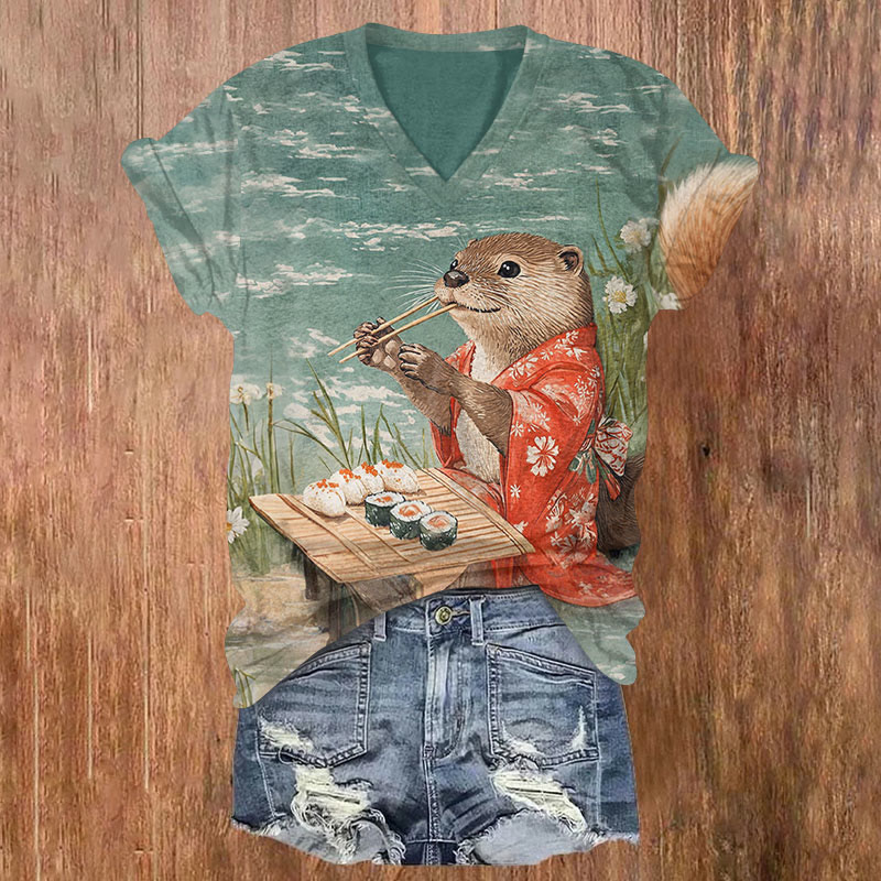 Japanese Kimono Otter Eating Sushi Art Print T-shirt - Green - 5XL - image 1