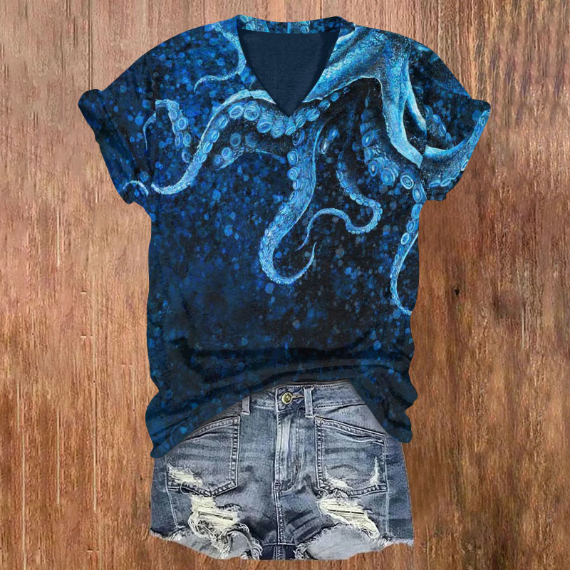 Personality Undersea Octopus Print T-shirt - Blue - 5XL - image 1