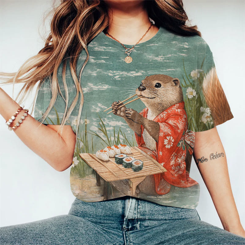 Japanese Kimono Otter Eating Sushi Art Print Casaul T-shirt - Green - 8XL - image 1