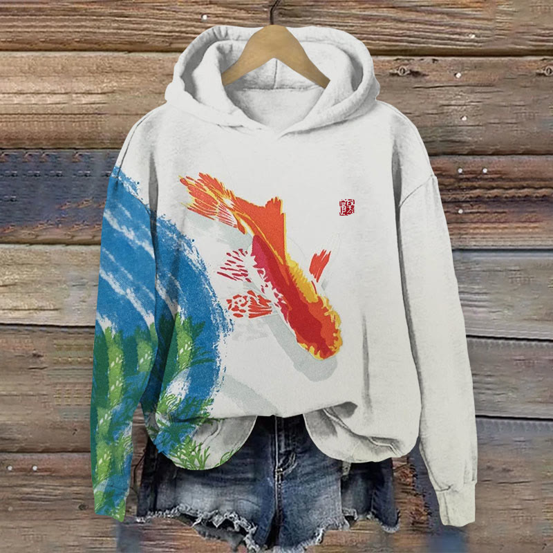 Japanese Koi Art Print Long Sleeve Hoodie - White - 8XL - image 1