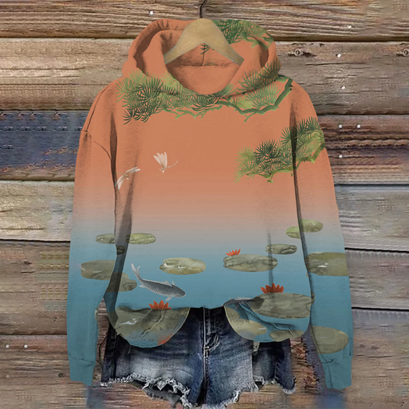 Japanese Style Watercolor Lotus Pond Print Long Sleeve Hoodie - Orange - 8XL - image 1