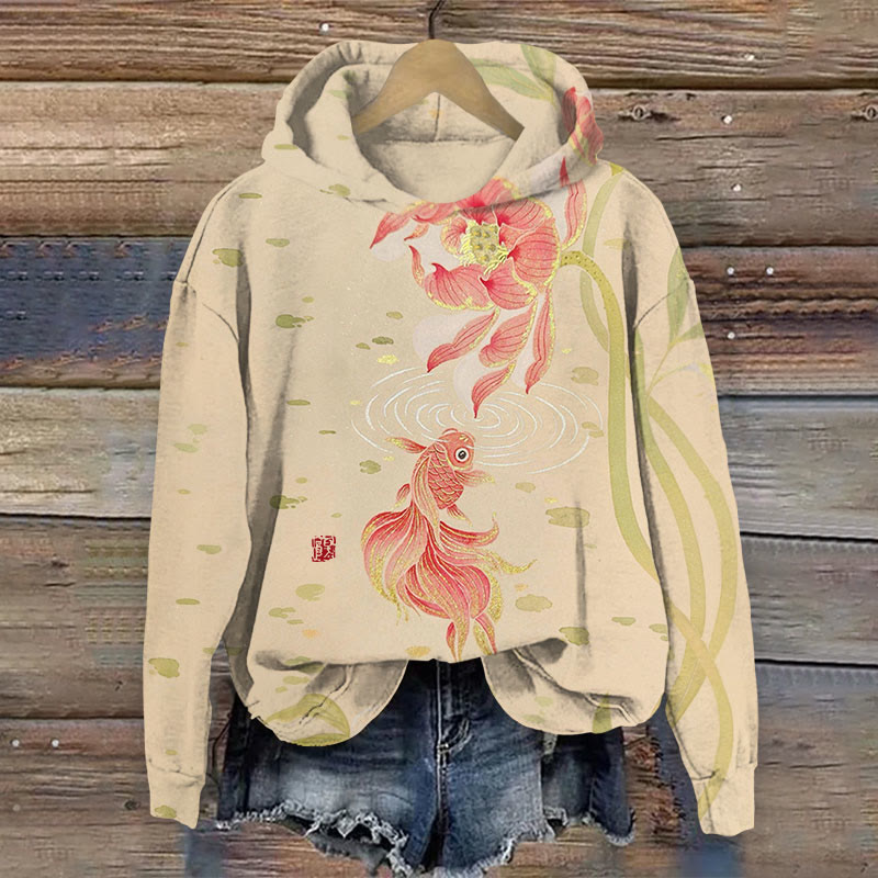 Japanese Style Koi And Lotus Print Long Sleeve Hoodie - Apricot - 8XL - image 1