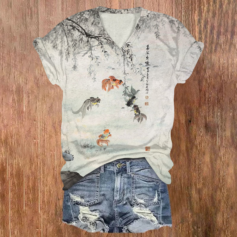 Japanese Koi Art Print T-shirt - Light Gray - 5XL - image 1