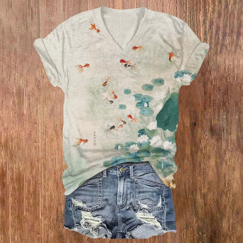 Japanese Koi And Lotus Art Print T-shirt - Apricot - 5XL - image 1