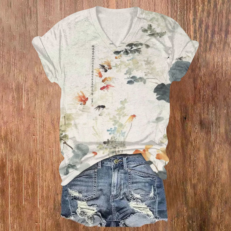 Japanese Koi Ink Art Print T-shirt - Beige - 5XL - image 1