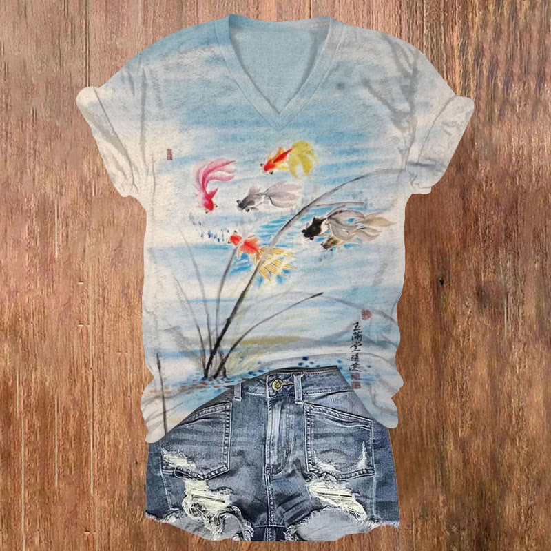 Japanese Koi Art Print T-shirt - Light Blue - 5XL - image 1