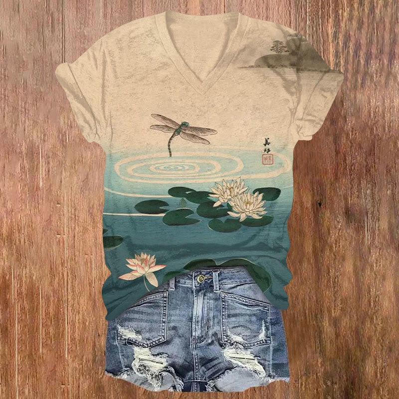 Japanese Dragonfly And Lotus Art Print T-shirt - Khaki - 5XL - image 1