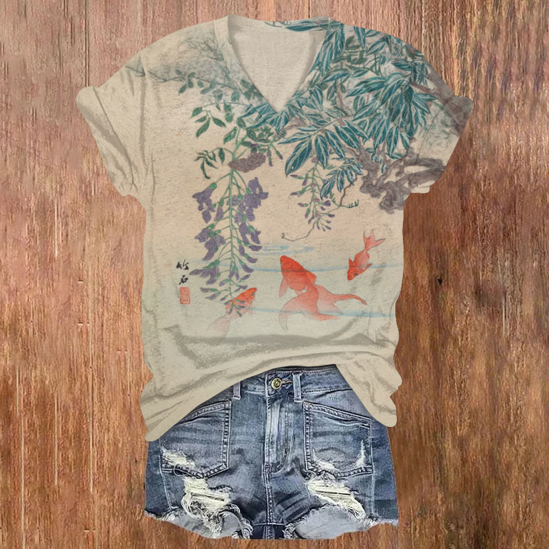 Japanese Style Dragonfly Floral Art Print T-shirt - Khaki - 5XL - image 1