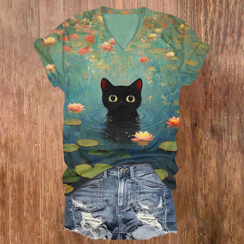 Black Cat And Lotus Print T-shirt - Blue - 5XL - image 1
