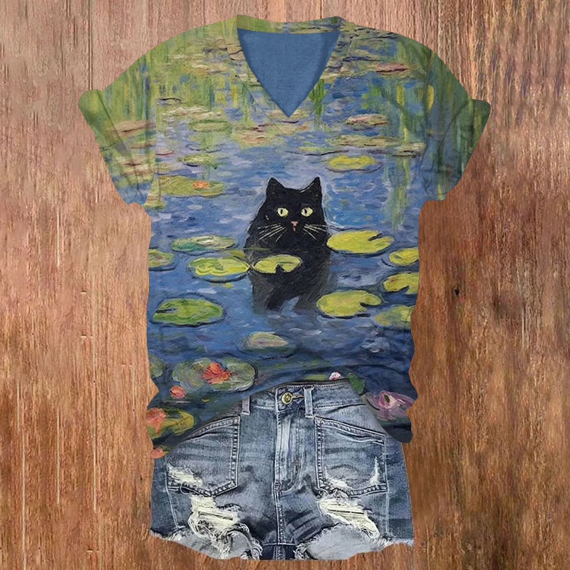 Funny Cat Oil Painting T-shirt - Blue - 5XL - image 1