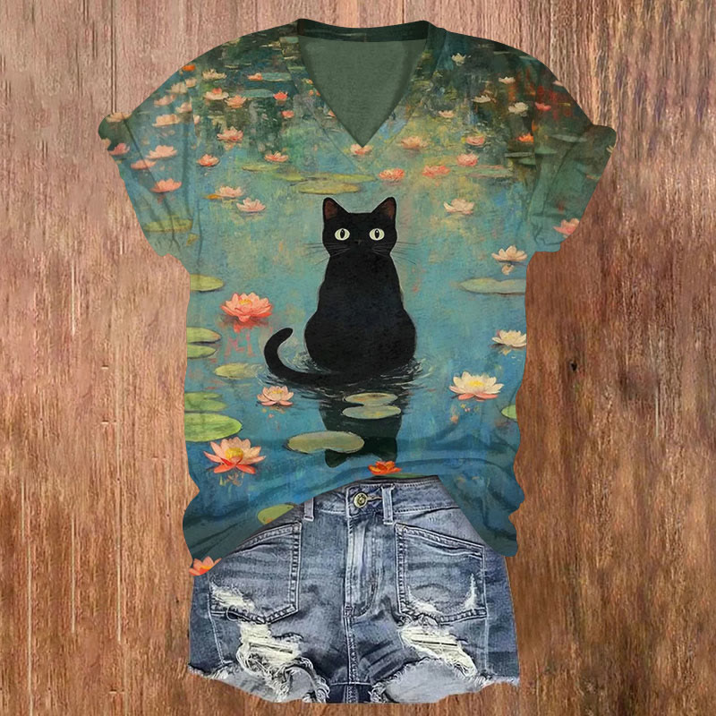 Cat And Lotus Art Painting T-shirt - Green - 5XL - image 1