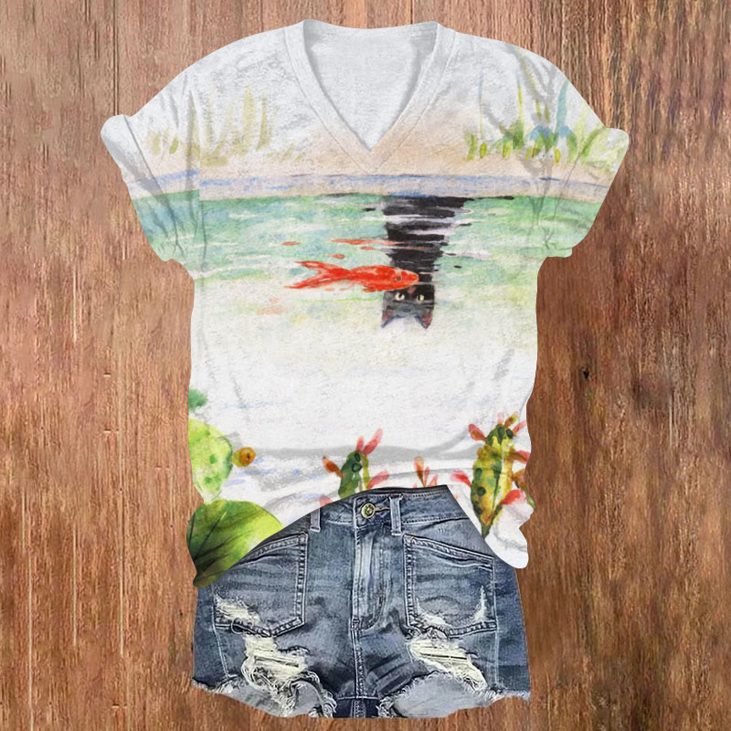 Cat Reflection Art Painting T-shirt - White - 5XL - image 1