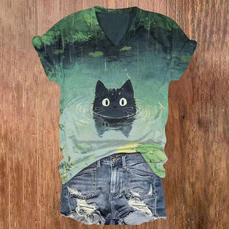 Funny Cat Playing In Water Painting T-shirt - Green - 5XL - image 1