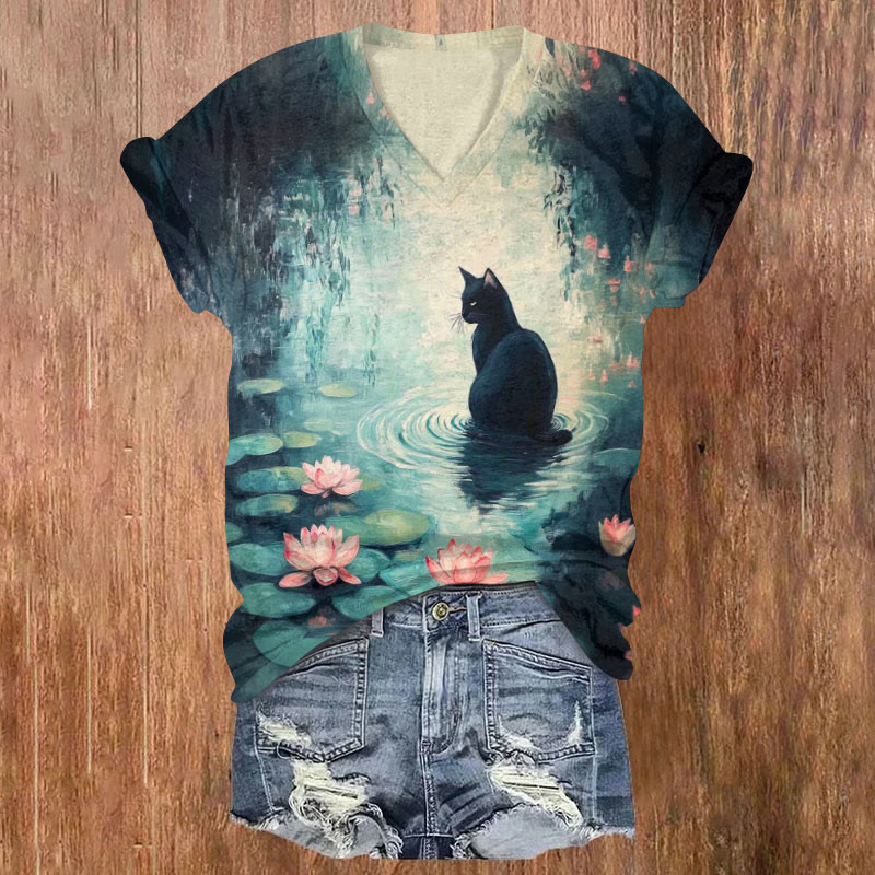 Cat And Lotus Art Paint T-shirt - Dark Green - 5XL - image 1