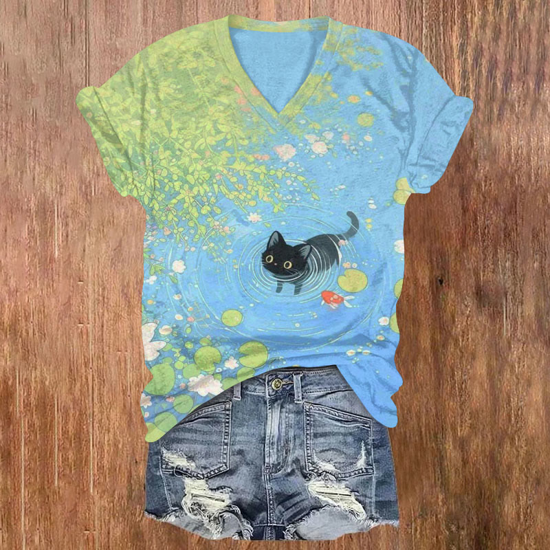 Black Cats Playing In Water Print T-shirt - Sky Blue - 5XL - image 1