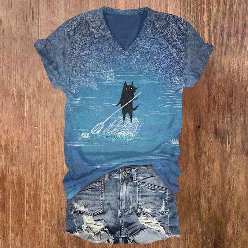 Rowing Cat Print T-shirt - Blue - 5XL - image 1