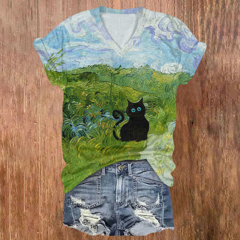 Cat Landscape Oil Painting Print T-shirt - Multicolor - 5XL - image 1