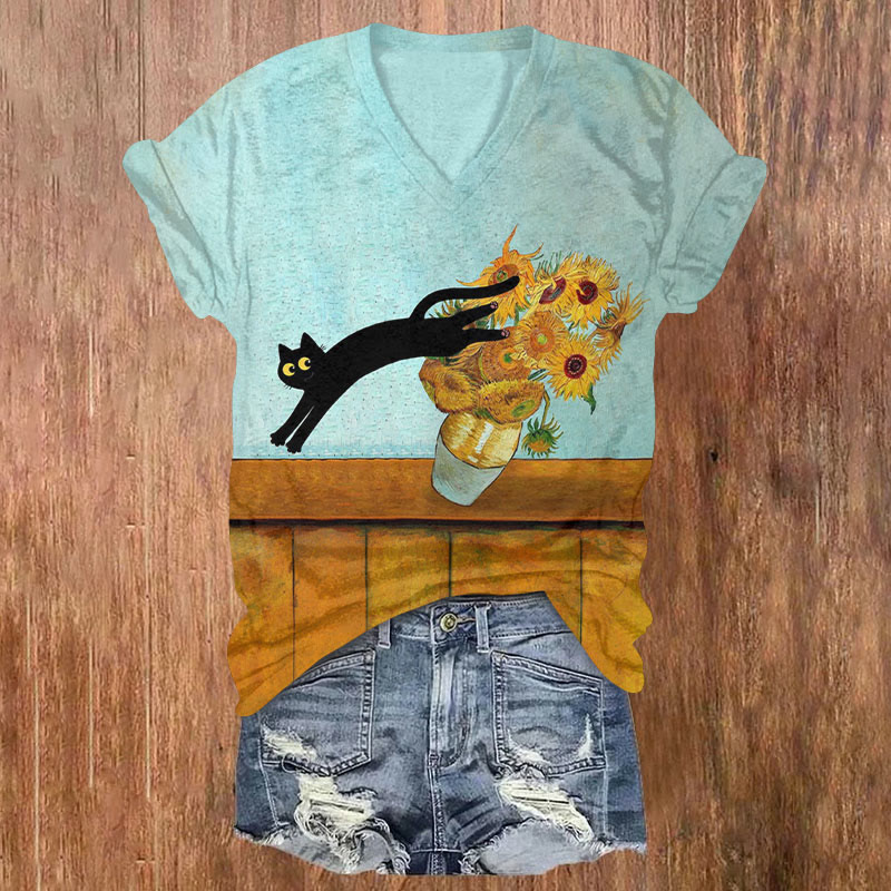 Sunflower And Cat Art Print T-shirt - Multicolor - 5XL - image 1