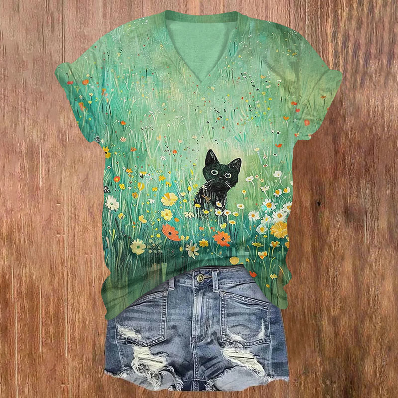 Cat And Flower Art Print T-shirt - Green - 5XL - image 1