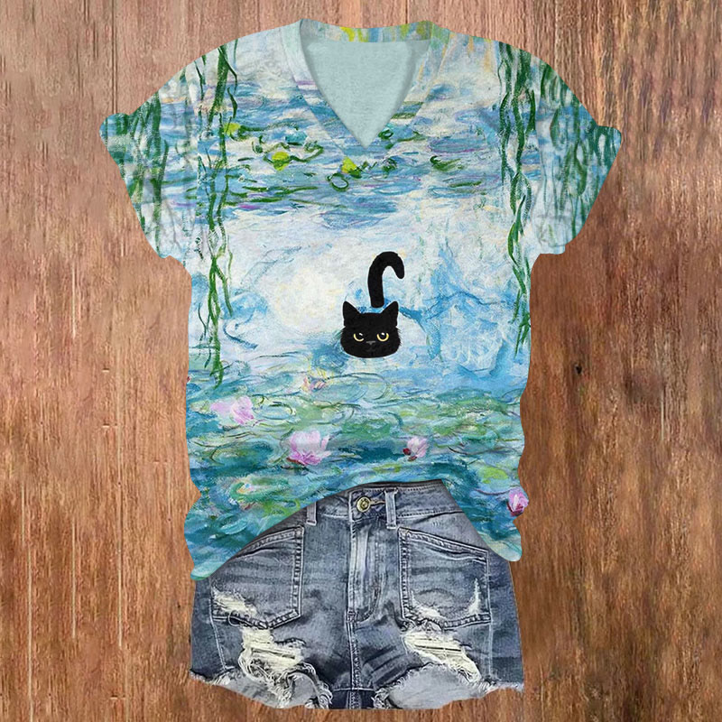 Women's Oil Painting Cat Print T-shirt - Blue - 5XL - image 1