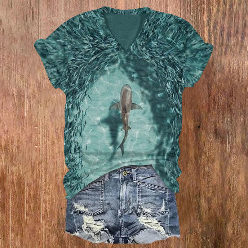 Shark Swimming Among Sardines Print V-neck T-shirt - Green - 5XL - image 1