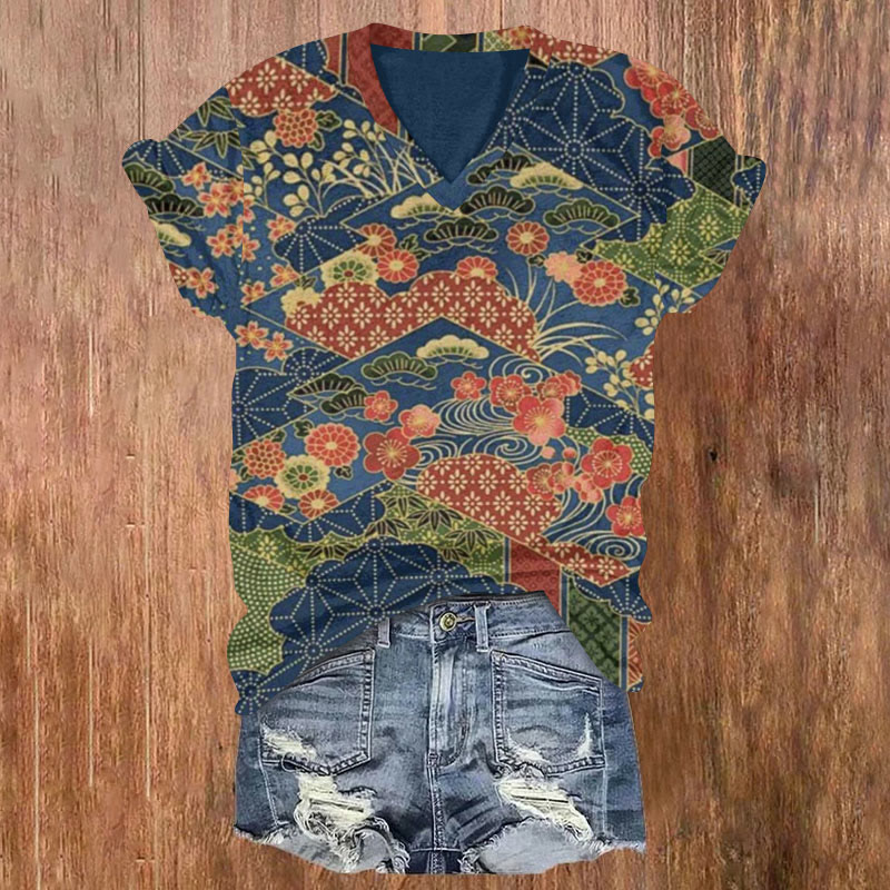 Retro Japanese Traditional Pattern Patchwork Art  Print T-shirt - Multicolor - 5XL - image 1