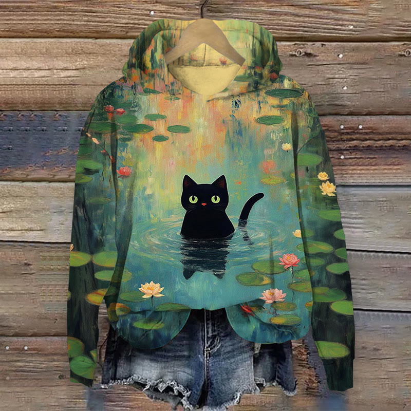 Women's Oil Painting Cat Print  Hoodie - Green - 8XL - image 1