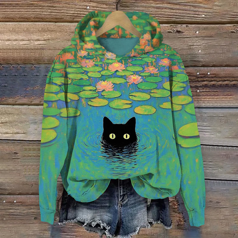 Cat And Lotus Leaf Oil Paint Hoodie - Green - 8XL - image 1