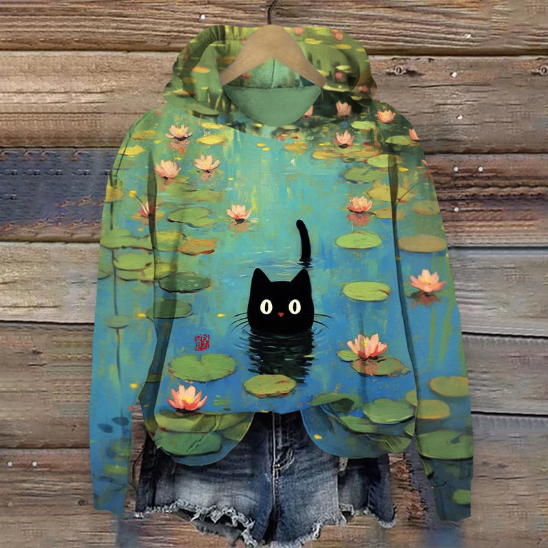 Cat And Lotus Leaf Art Oil Paint Hoodie - Green - 8XL - image 1