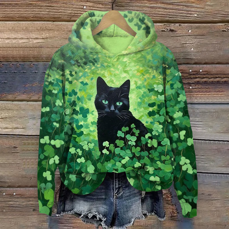 Four Leaf Clover And Cat Art Paint Hoodie - Green - 8XL - image 1