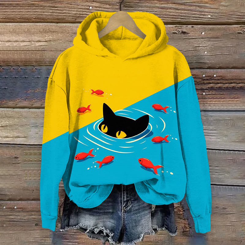 Contrasting Color Cat And Goldfish Art  Hoodie - Blue - 8XL - image 1