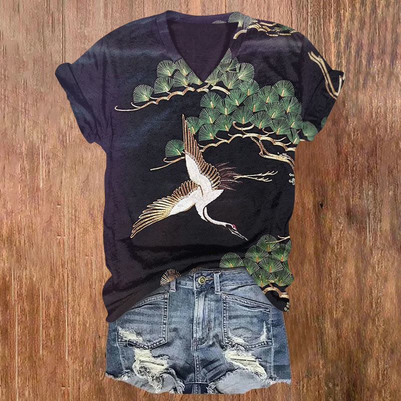 Vintage Japanese Pine Tree And Crane Print T-shirt - Dark Blue - 5XL - image 1
