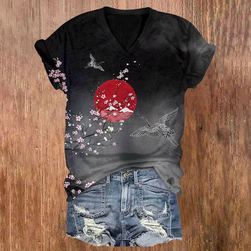 Vintage Japanese Cherry Blossom Crane Print T-shirt - Black - 5XL - image 1