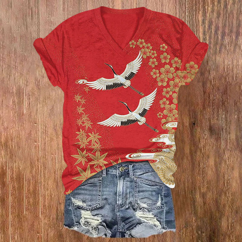 Japanese Style Floral Crane Print T-shirt - Red - 5XL - image 1