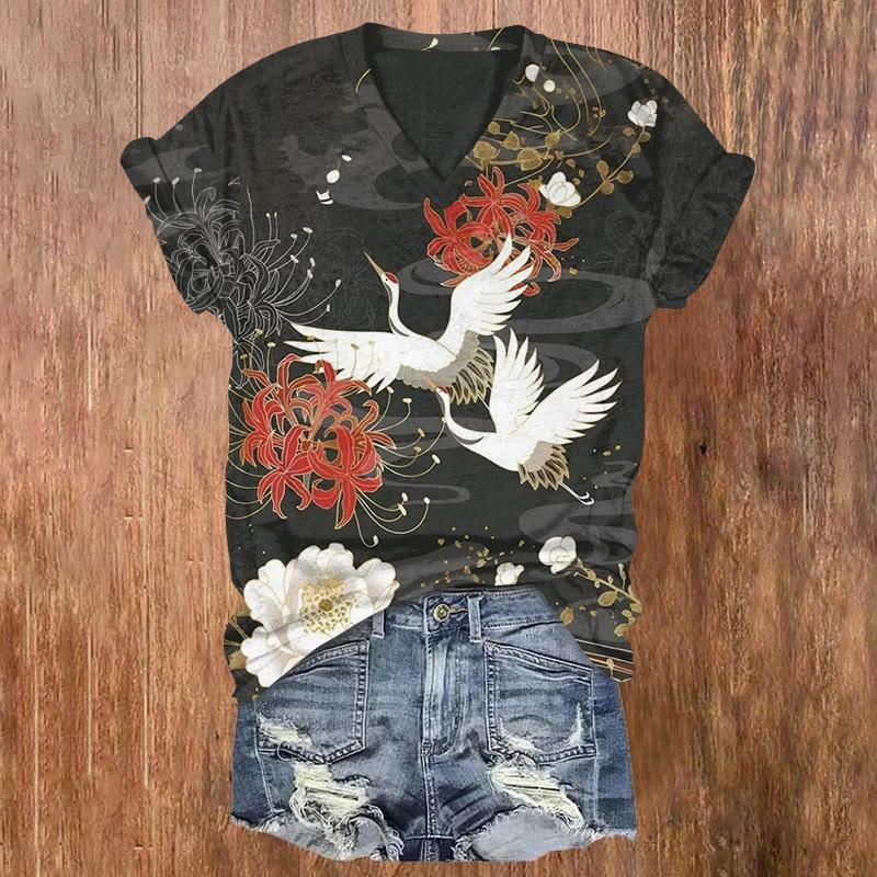 Japanese Peony And Crane Print T-shirt - Black - 5XL - image 1