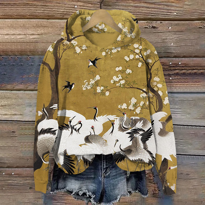 Japanese Style Crane Flower Art Print Long Sleeve Hoodie - Multicolor - 8XL - image 1